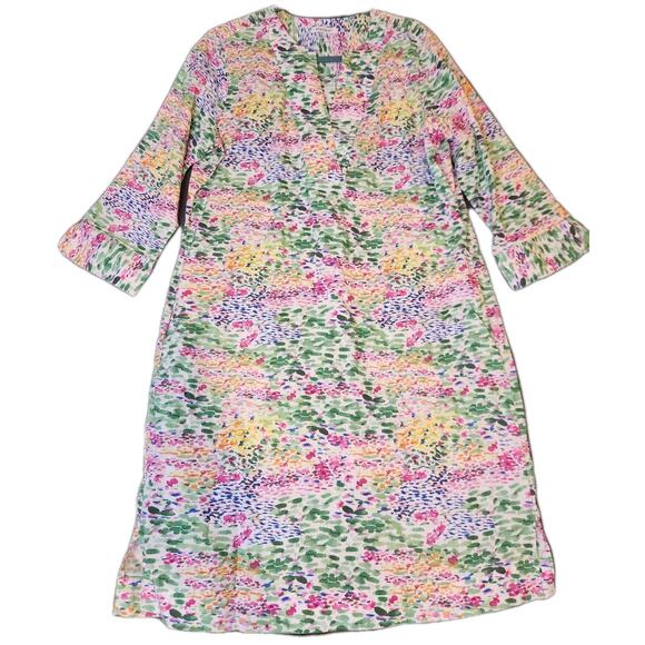 Foxcroft Womens Shift Dress Sz L Washable Linen Blend‎ Pockets V-Neck Watercolor - Picture 1 of 11